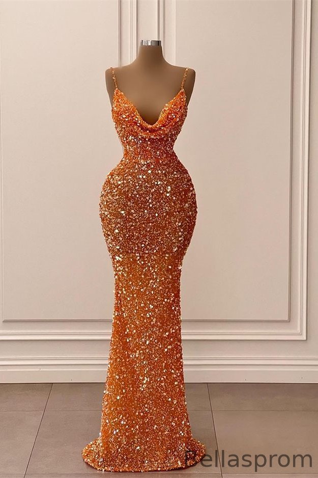 Bellasprom Orange Spaghetti-Straps Prom Dress Sequins Mermaid Sleeveless V-Neck Bellasprom