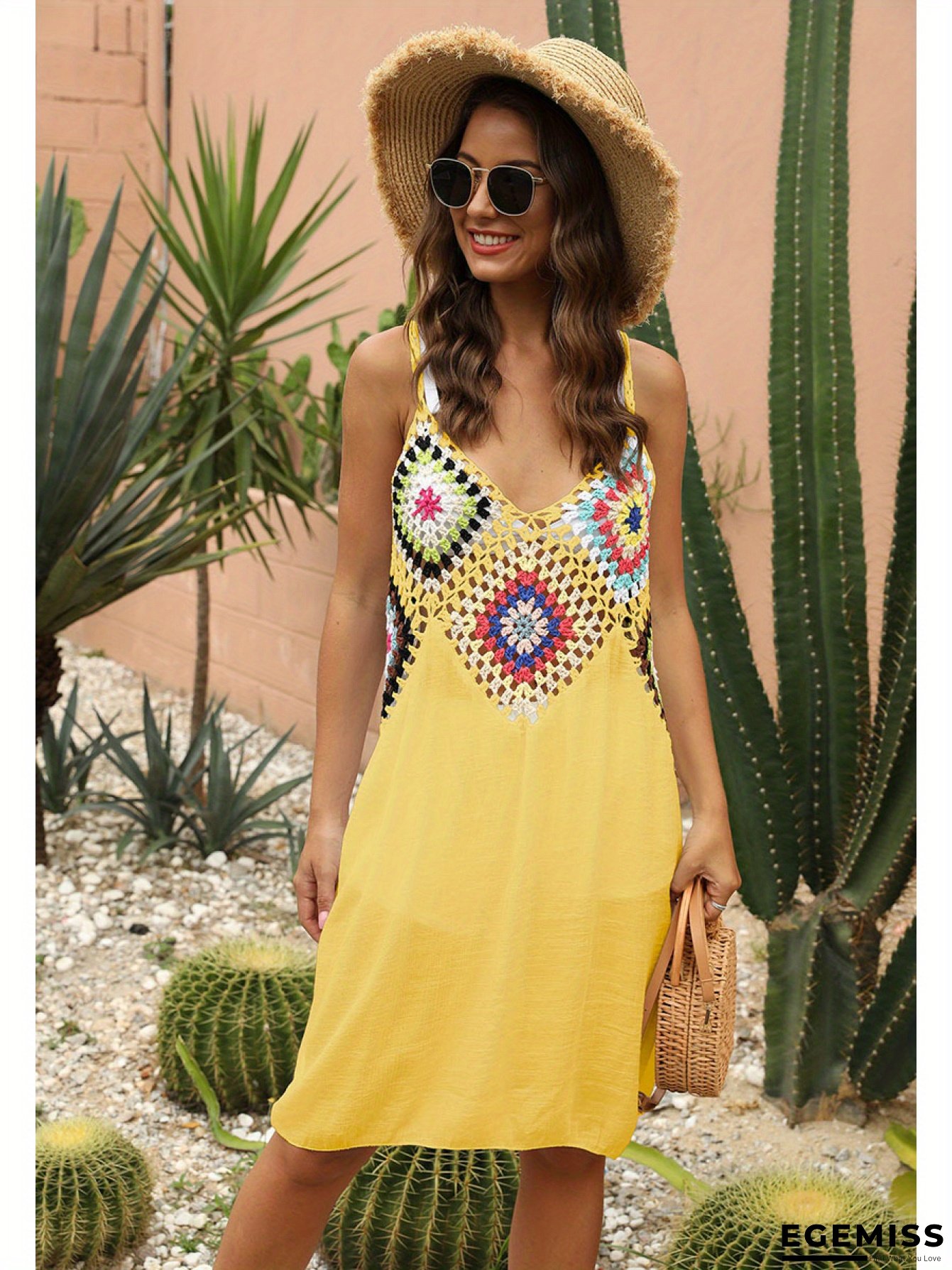 2025 Handmade Bohemian Crochet Beach Cover-Up Dress - Bohemian Ethnic Style Sheer Mini Skirt With Bamboo Skein Straps, Floral & Geometric Patterns, No Padding, Perfect For Summer Poolside & Beachwear, Beach Coverup Dress, Poolside Fashion, Boho Chic | EGEMISS