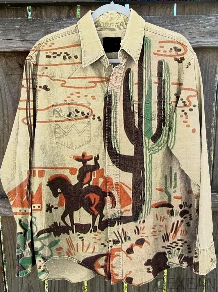 Men's Cowboy Art Vintage Stripe Print Casual Shirt