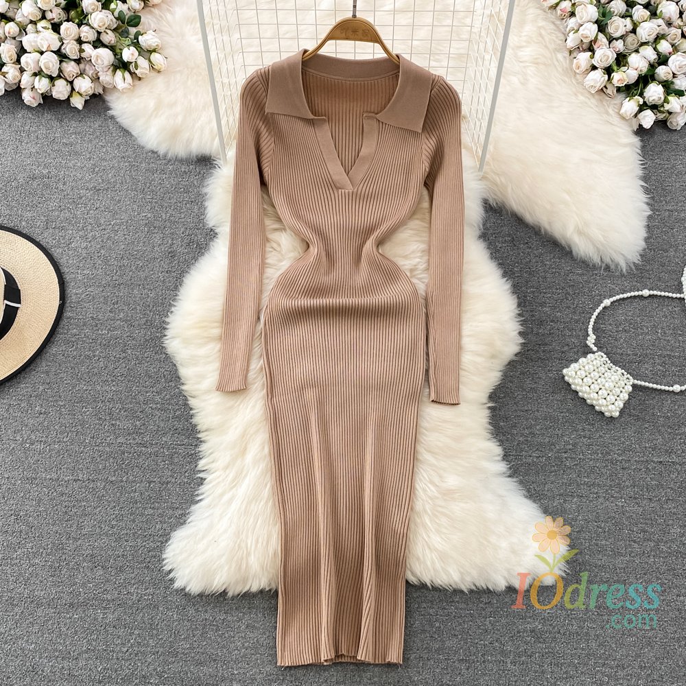 IO Dress REALEFT Elegant High Waist V-neck Women's Knitted Wrap Dresses 2025 New Solid Bottom Long Sleeve Sheath A-line Long Dress Female