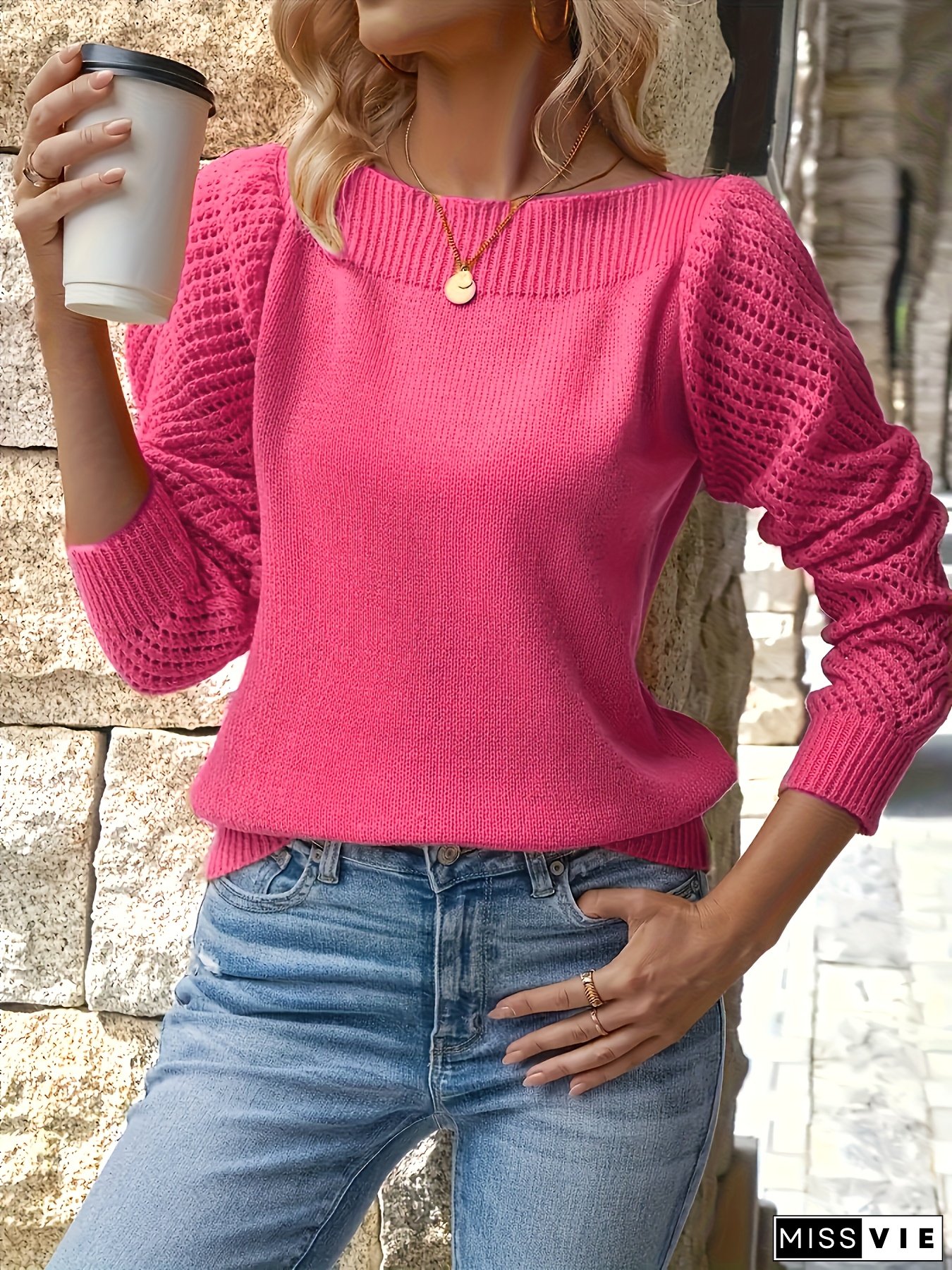 Women's Cable- Sweater Sweater Vest-like Long Sleeve Blouse - Soft Round Neck Winter Warm Pullover, Solid Color Cozy Sweater for Fall & Winter Layering, Casual & Formal Outfits