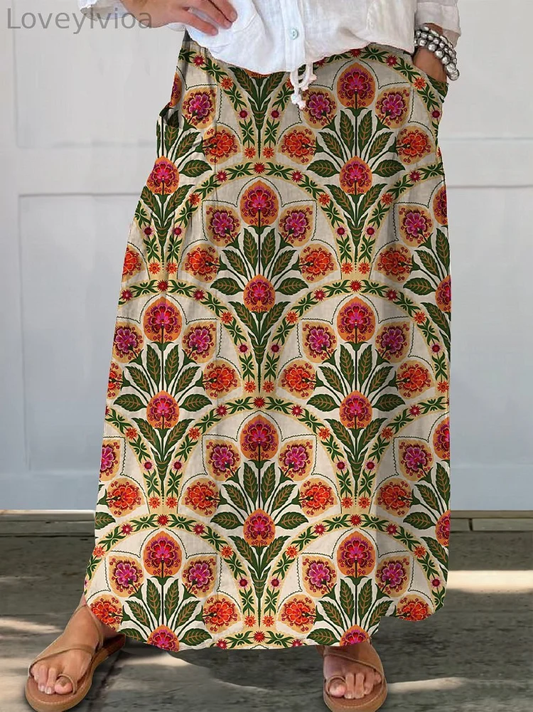 Women's Floral Art Noveau Linen Pocket Skirt