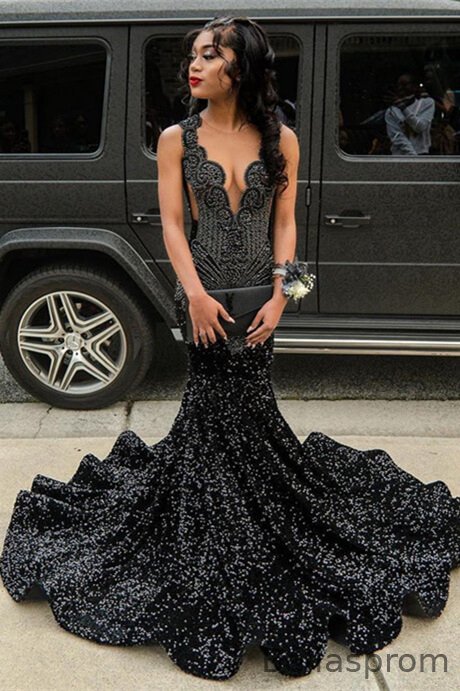Bellasprom Black Scoop Sleeveless Mermaid Prom Dress With Sequins Beadings Bellasprom