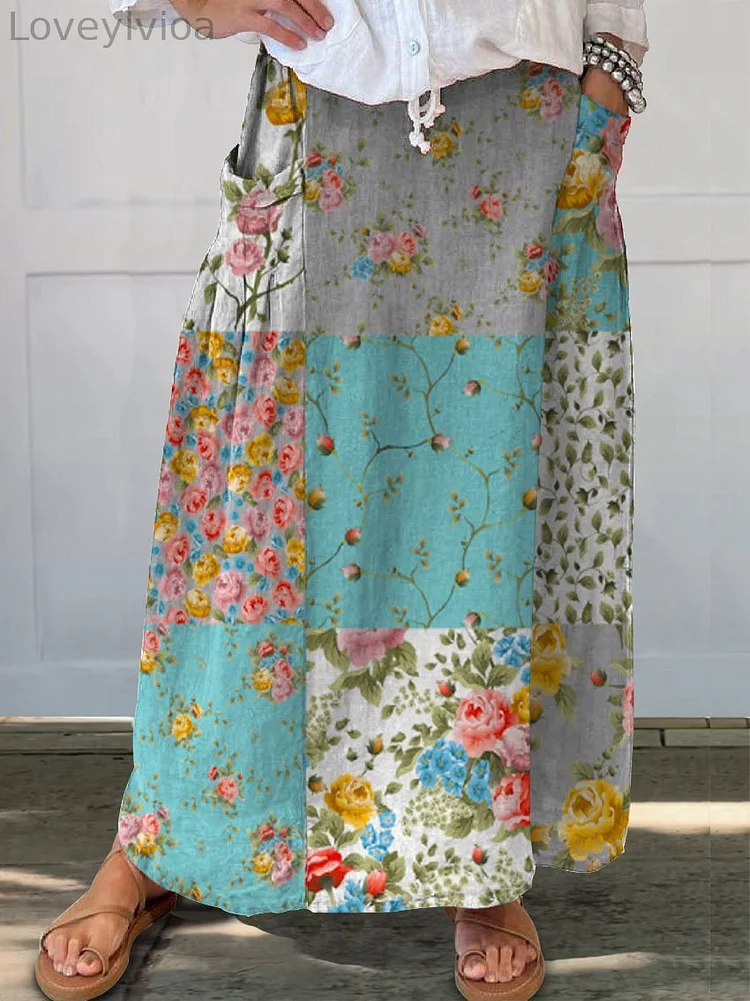 Women's Retro Floral Patchwork Art Linen Pocket Skirt