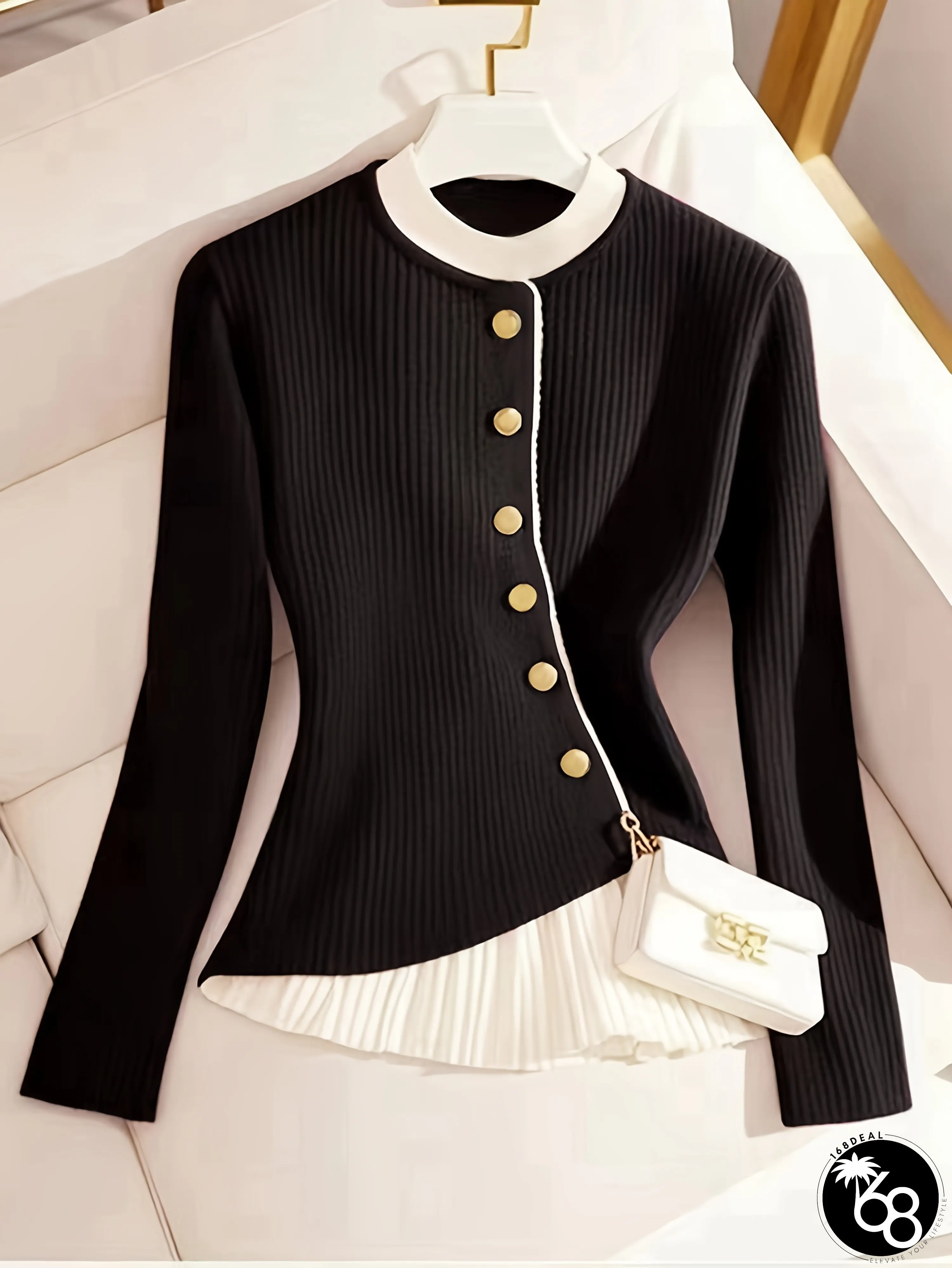 Womens Elegant Black White Ribbed Cardigan with Golden Buttons-Long Sleeve Button-Up | 168DEAL