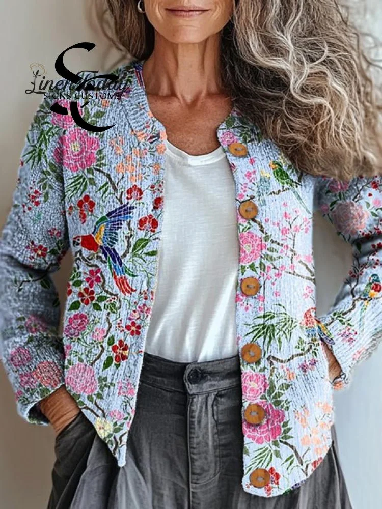 Women's Floral and Bird Art Print Button Cardigan