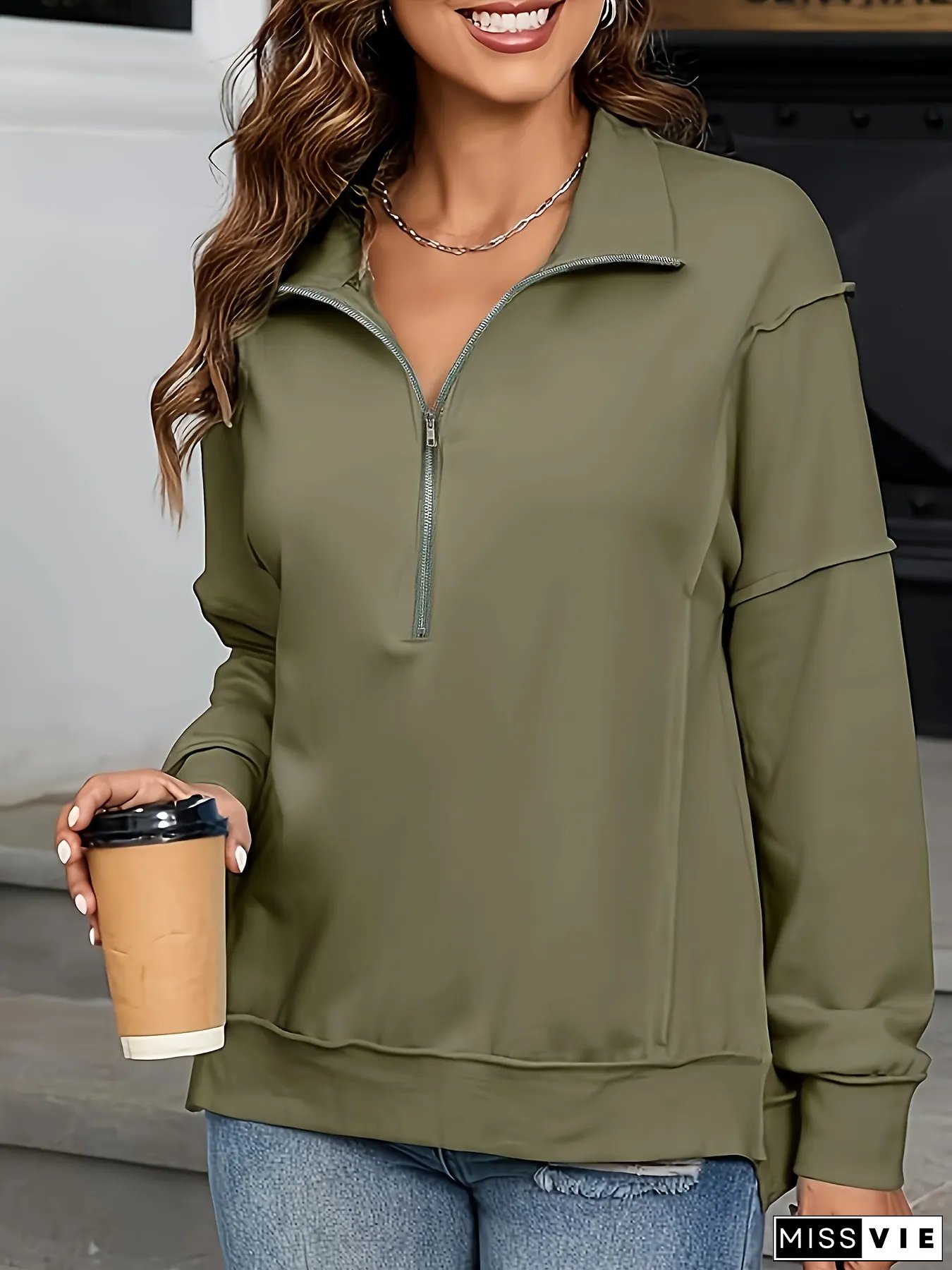Womens Oversized Half-Zip Pullover Sweatshirt High Neck Long Sleeve Solid Color Machine