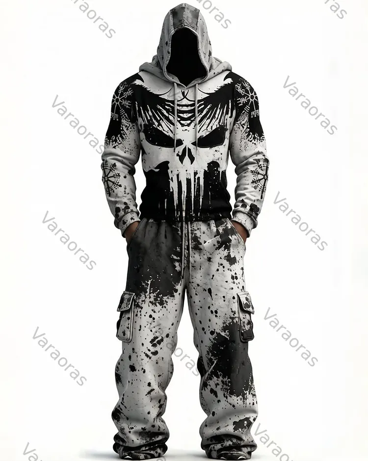 Men's Fashion Viking Contrast Color Embroidered Hoodie & Pants Two-Piece Set 4050