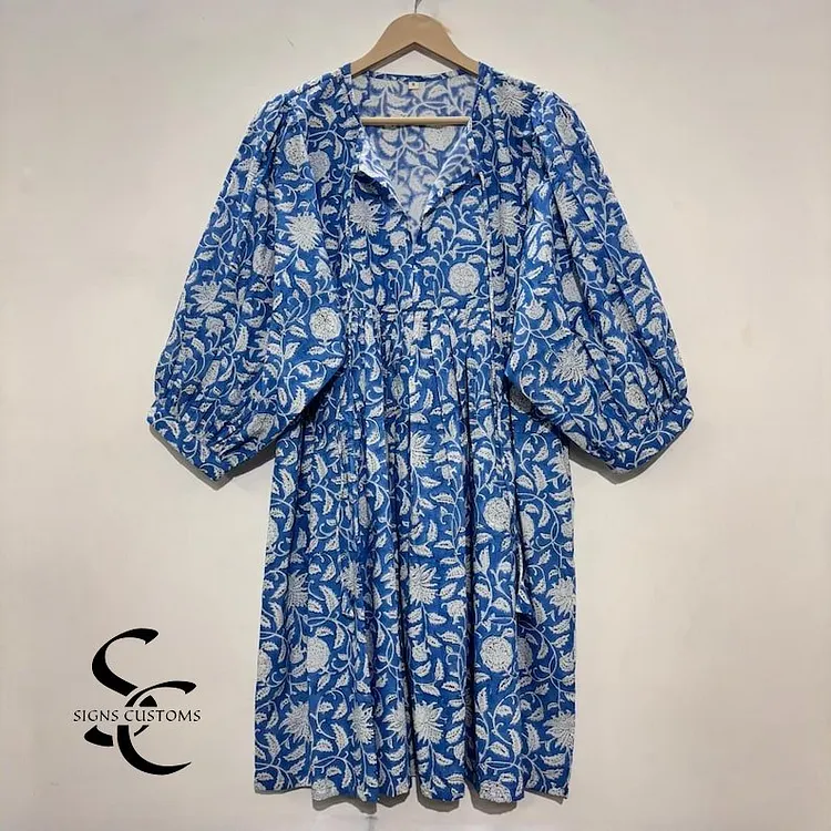 Blue Block Printed Cotton Dress &ndash; Indian Tunic, Bridesmaids Dress