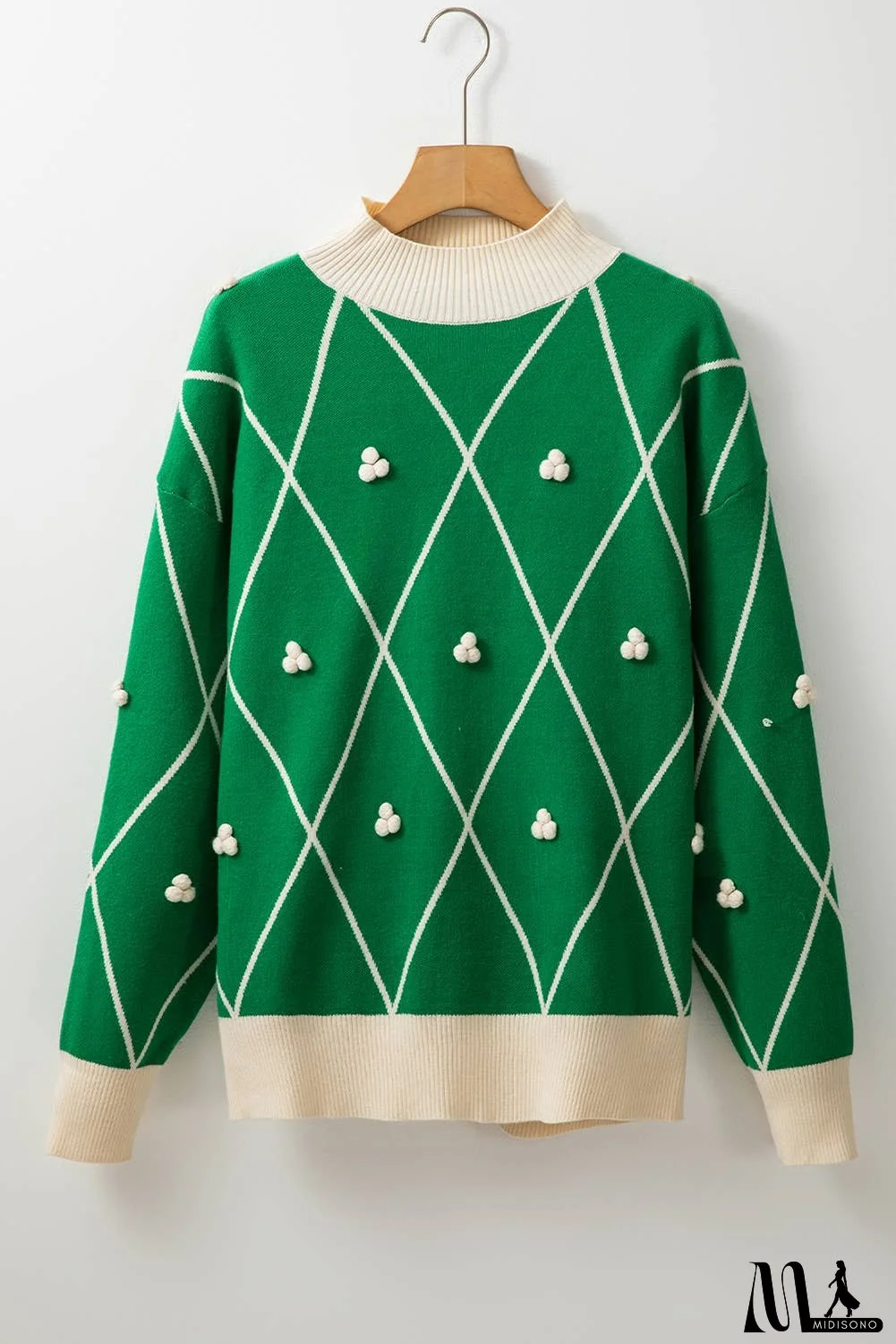 Diamond Pattern Pom Accents Contrast Trim Sweater