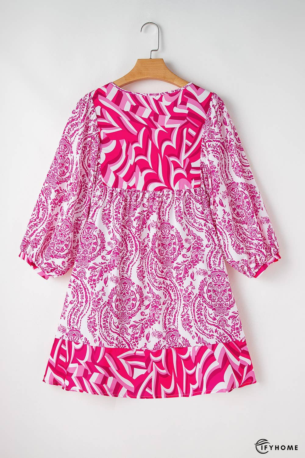 Bohemian Print Puff Sleeve Tied Flared Mini Dress | IFYHOME