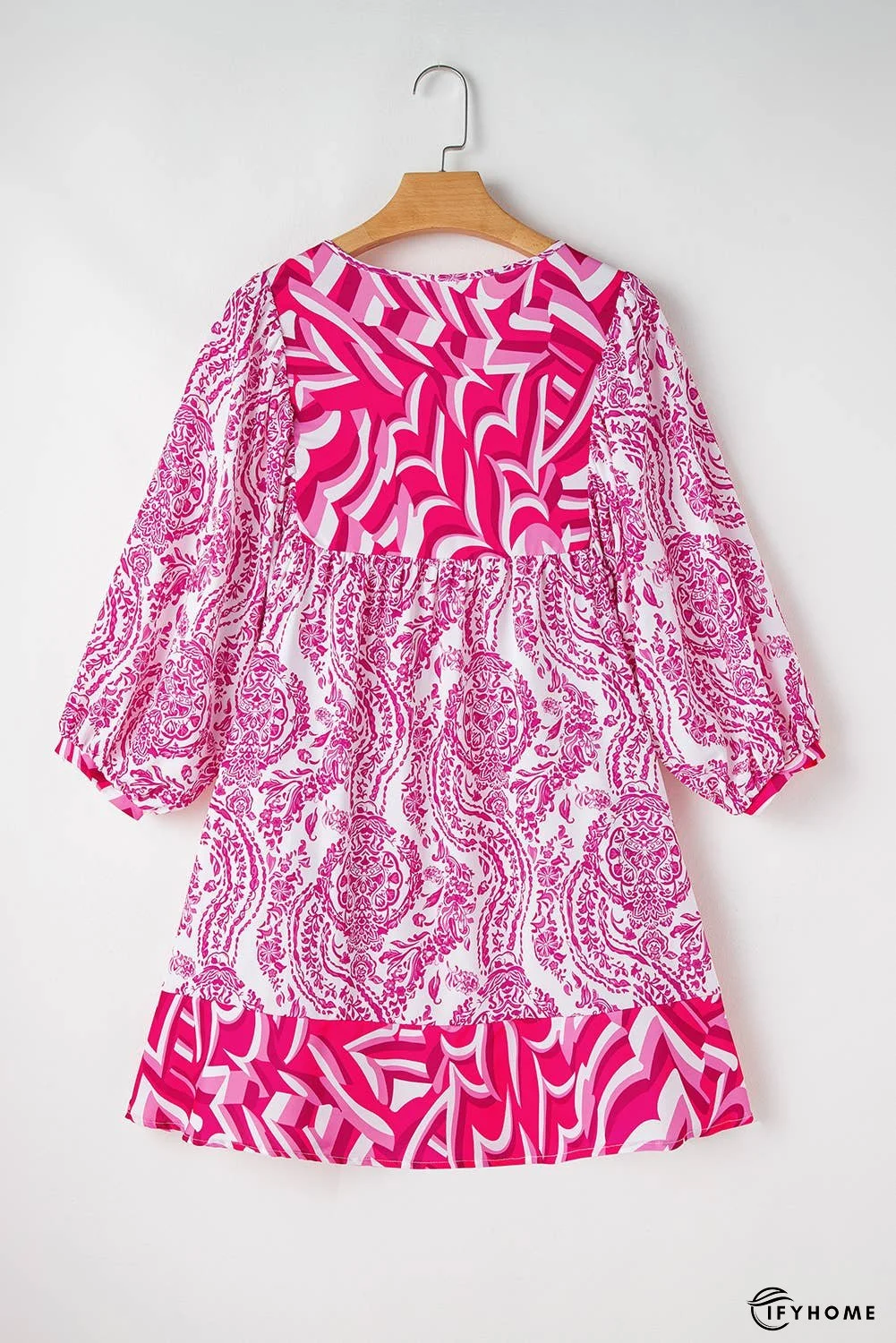 Bohemian Print Puff Sleeve Tied Flared Mini Dress | IFYHOME