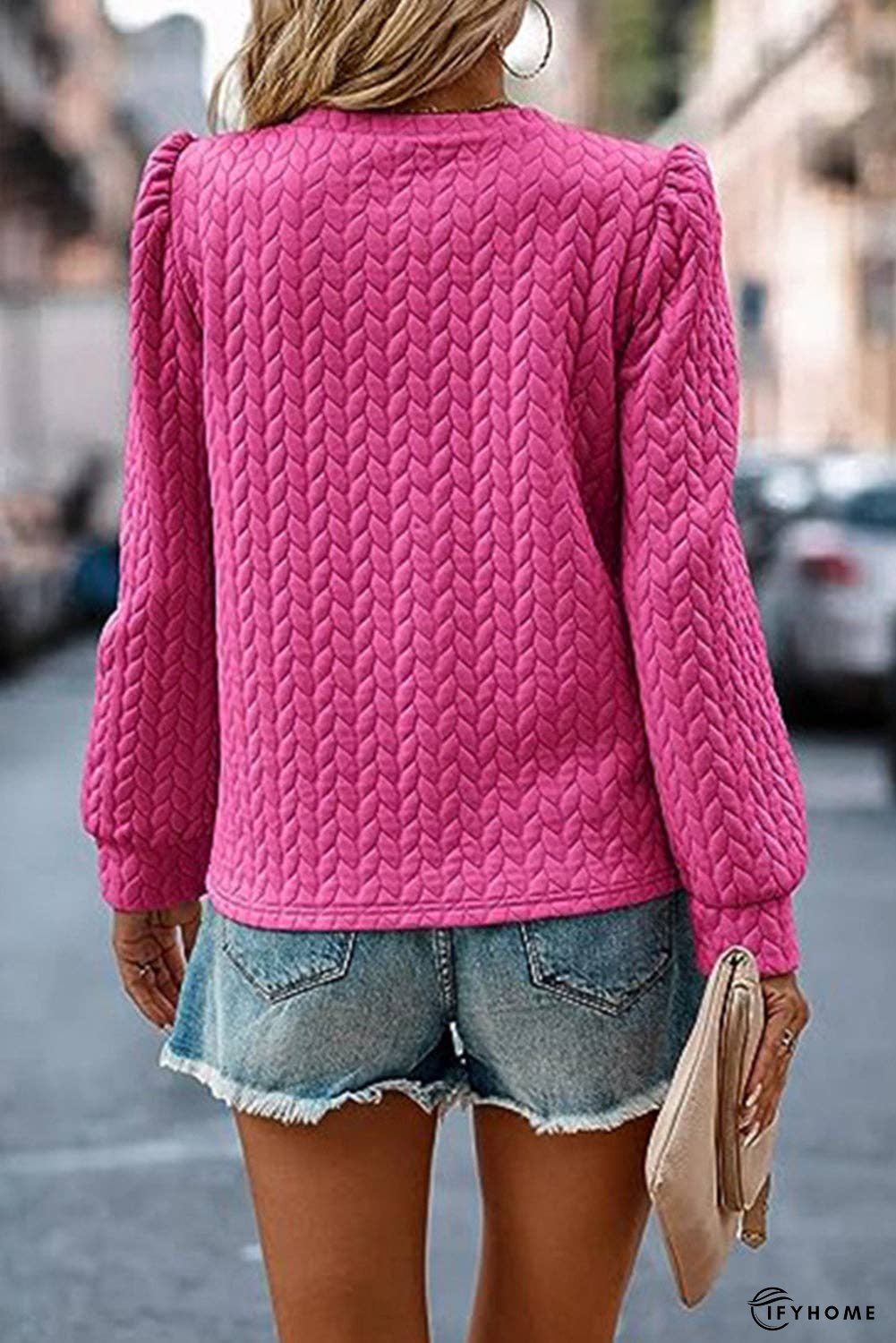 Rosy Waffle Quilted Puff Sleeve Sweatshirt | IFYHOME