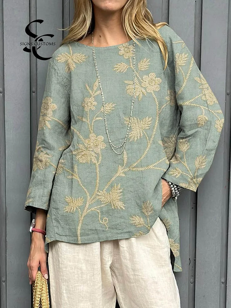 Women's Vintage Floral Art Print Casual Cotton Linen Shirt