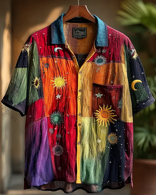 Men's summer vacation star and moon embroidery patchwork short-sleeved shirt 4e46