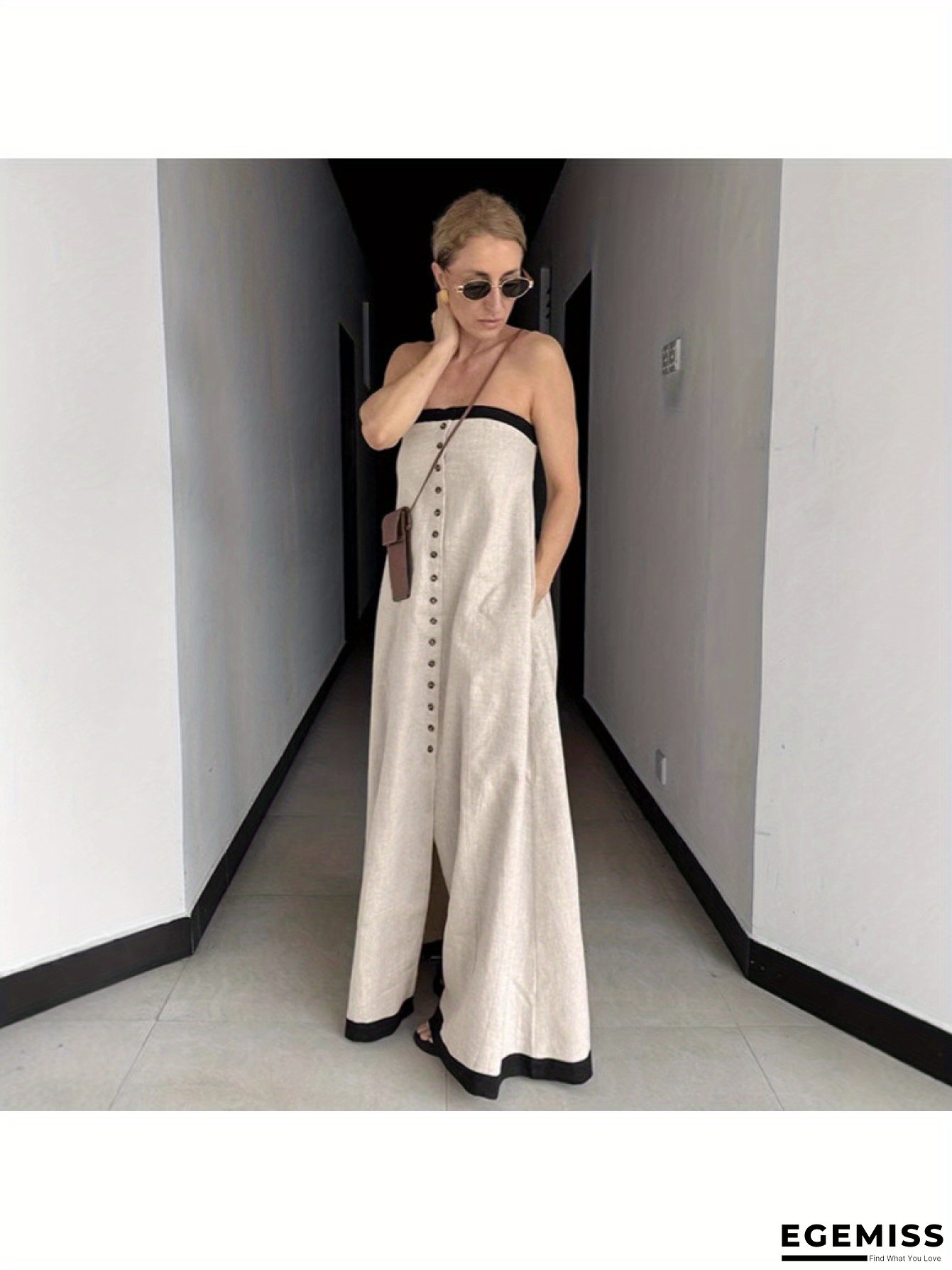 Women's French Vacation Elegant Sleeveless A-Line Dress - Beige & Black Color Block, Flared Skirt For Beach, Brunch, Formal Events - Machine Washable Non-Stretchy Party & Everyday Outfit, Summer Fashion, Linen Blend Fabric | EGEMISS