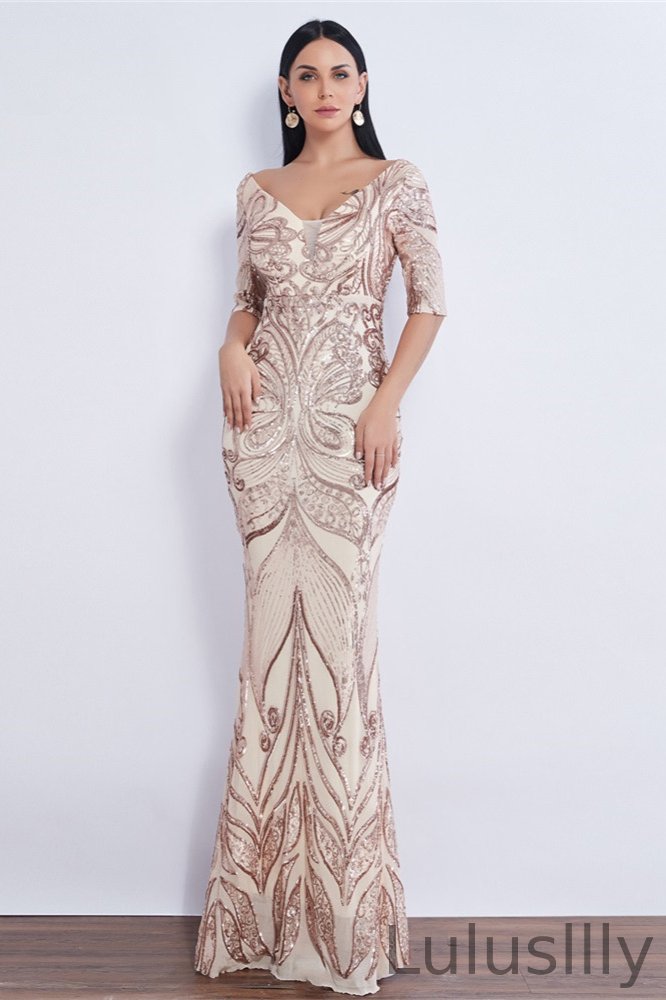Modern Half Sleeve Sequins Prom Dress Mermaid Long Evening Gowns Online - lulusllly