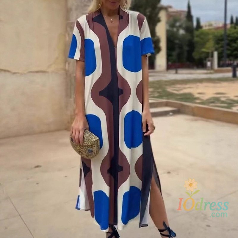 IO Dress Sexy V-neck Short Sleeve Vacation Party Dress Ladies Elegant Pattern Print Split Long Dress Fashion Hight Waist Loose Maxi Dress