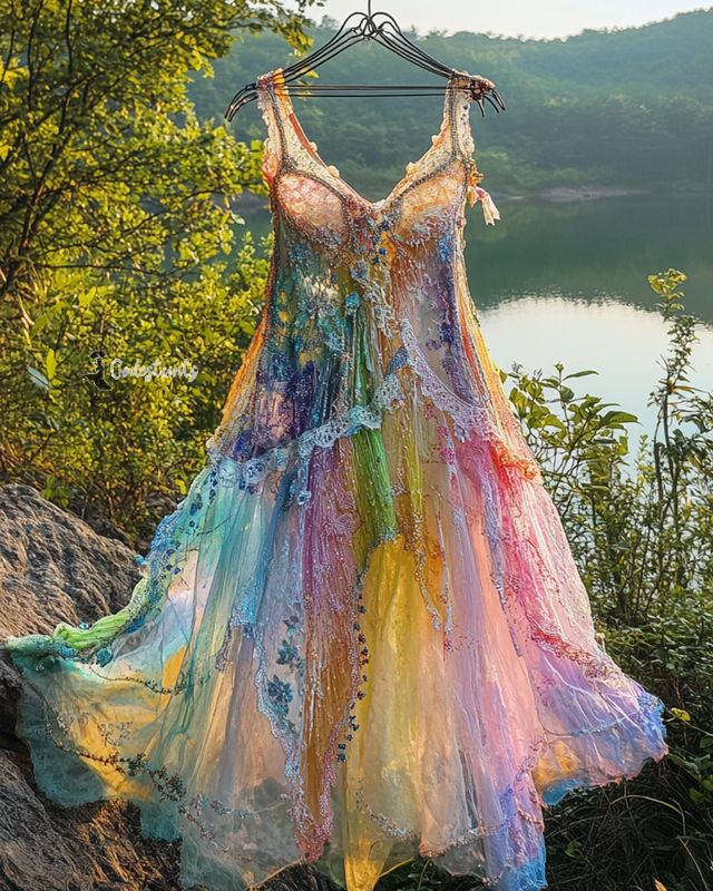 Summer Irregular Lace Patchwork BeadedRuffle Dress 30b5