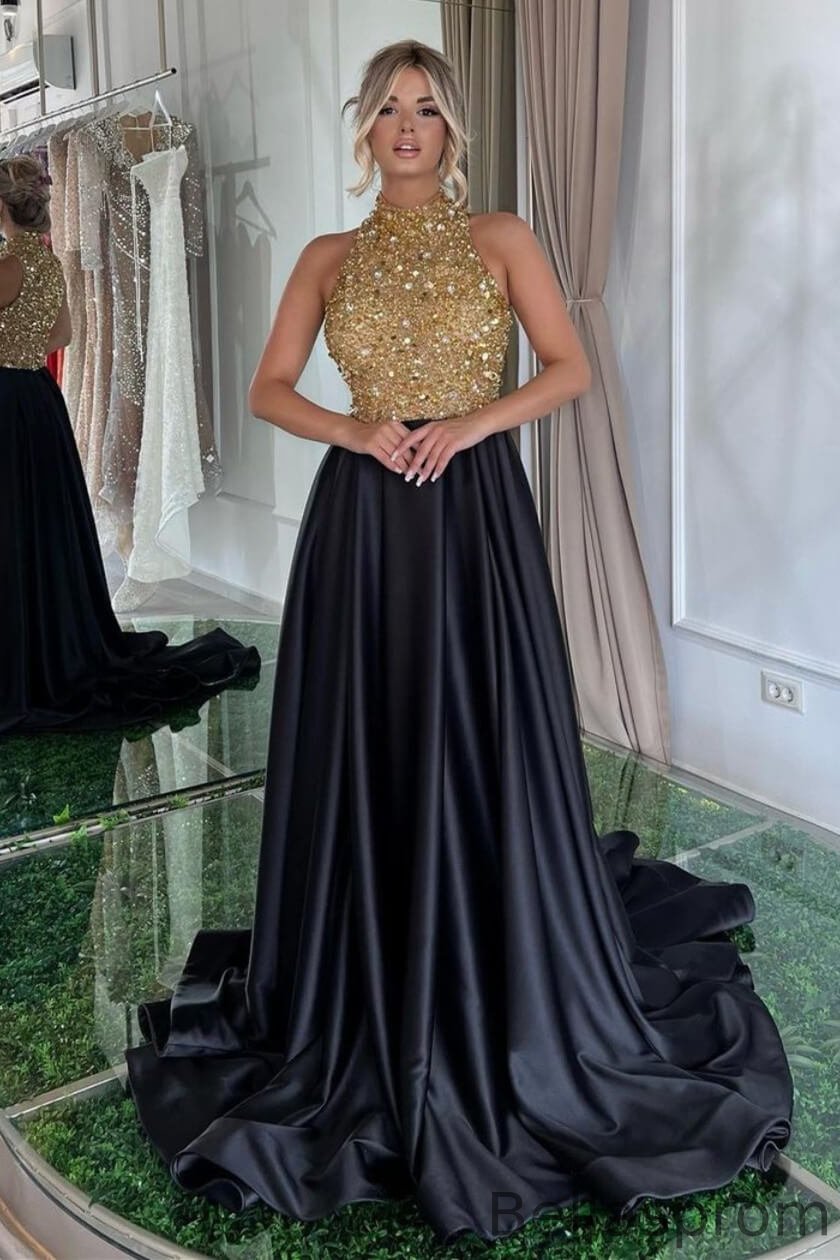 Bellasprom Black High Neck Prom Dresses A-Line Sleeveless With Gold Sequins Bellasprom