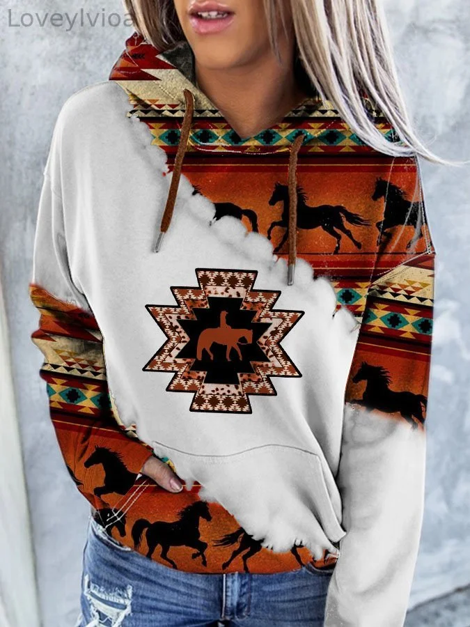 Vintage Western Print Hooded Long Sleeve Sweatshirt