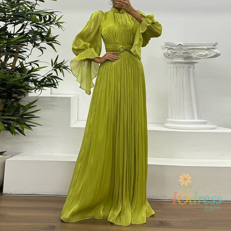 IO Dress Lady Autumn Fashion Flare Sleeve High Waist Dress 2025 Elegant Solid Color Pleated Long Dress Casual Temperament Princess Dress