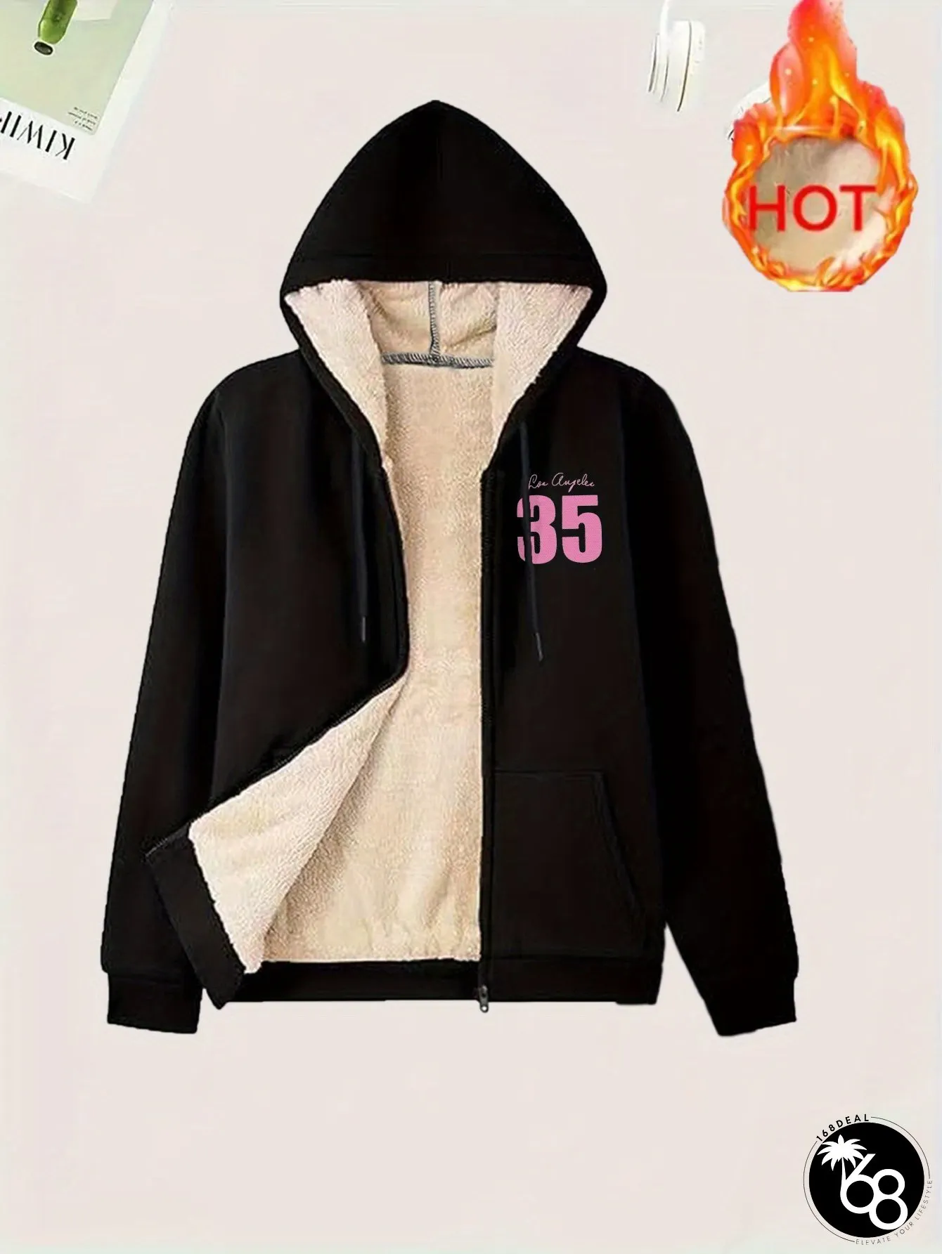 Womens Thickened Fleece Jacket with Full-Zip Closure Hooded Collar Oversized Winter Coat | 168DEAL