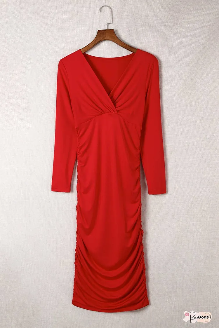 Long Sleeves Wrap V Neck Ruched Sheath Bodycon Dress