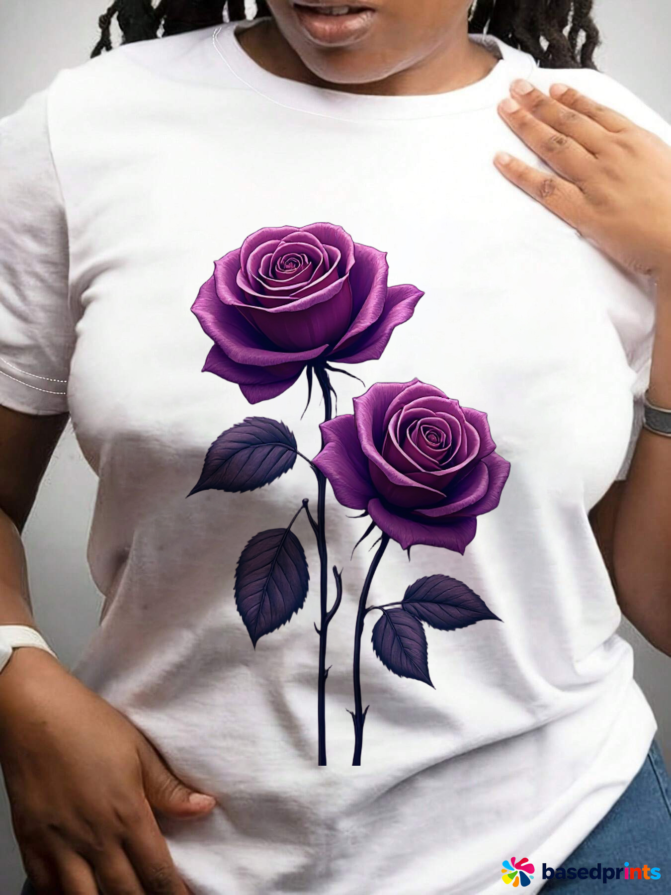 Purple Roses White T-Shirt Women's Casual Short Sleeve Tops
