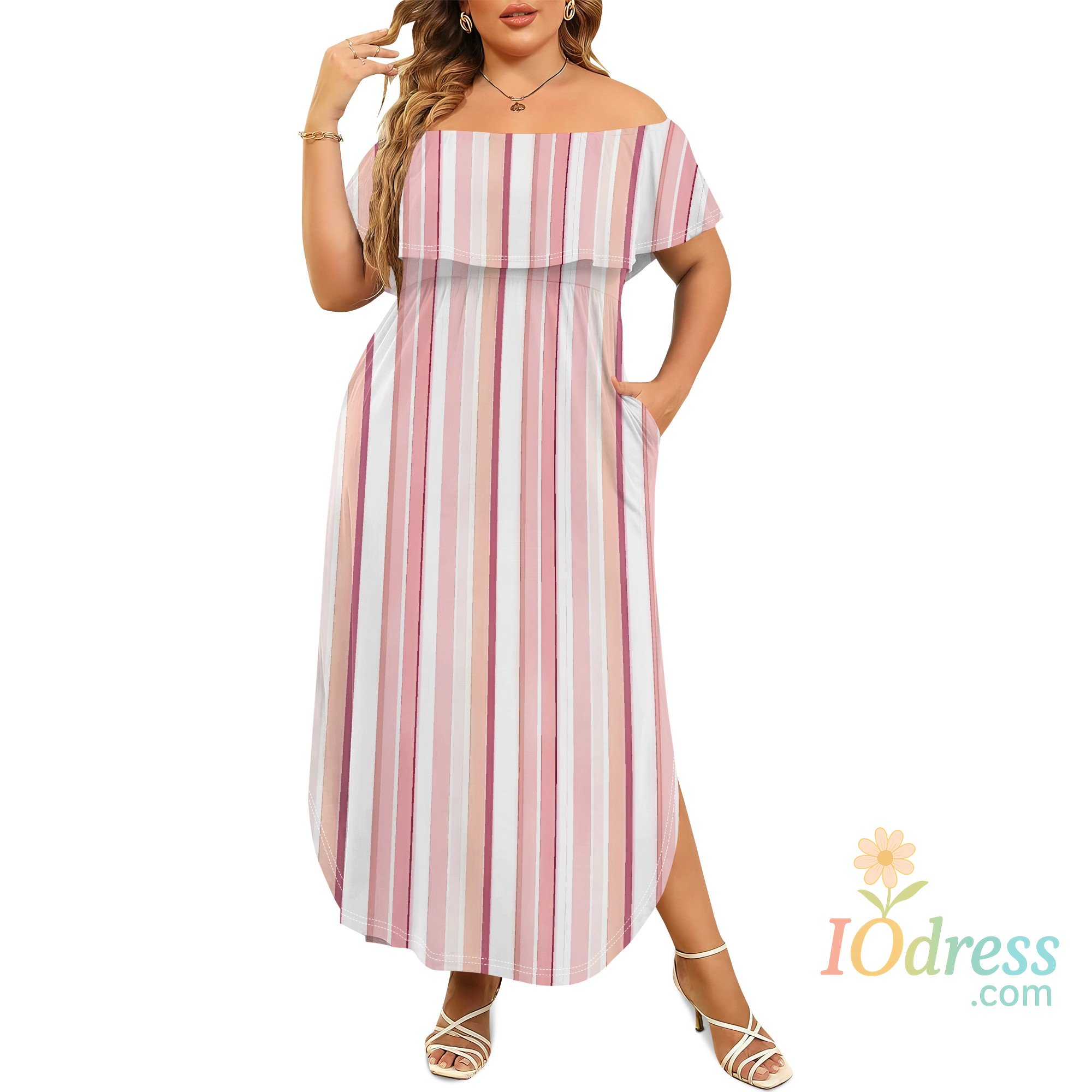 IO Dress EQQZD Plus Size Side-Slit Maxi Dress, Simple Striped Print One-Shoulder Dress with Pockets IO Dress