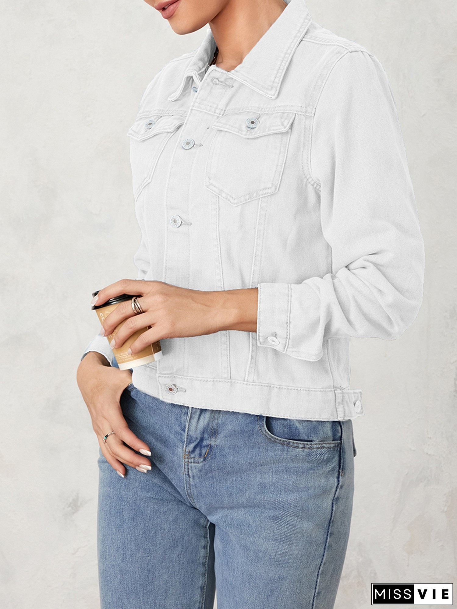 Plus Size Womens Solid Color Denim Jacket, Casual Long Sleeve Button Chest Pocket Jean Jacket