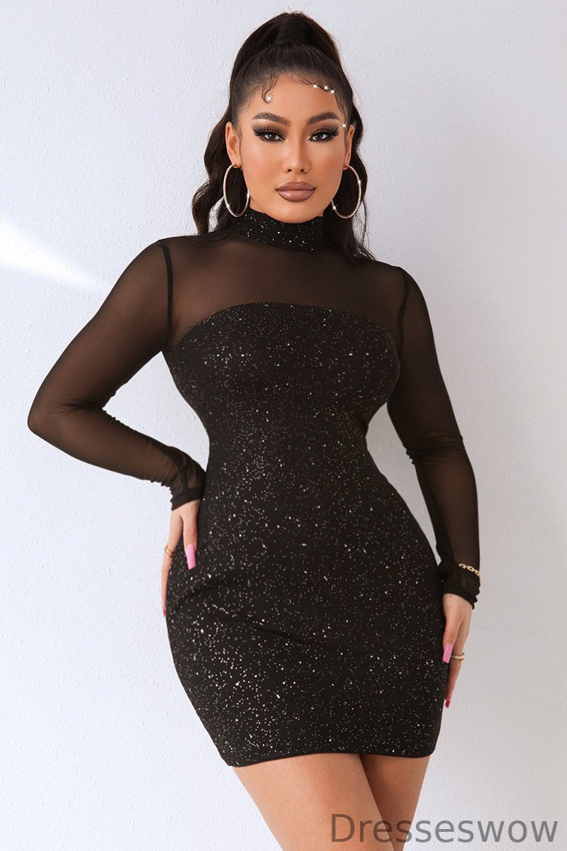Dresseswow Black Long Sleeves Sheath Party Dress Sequins Mini Dress YE0213