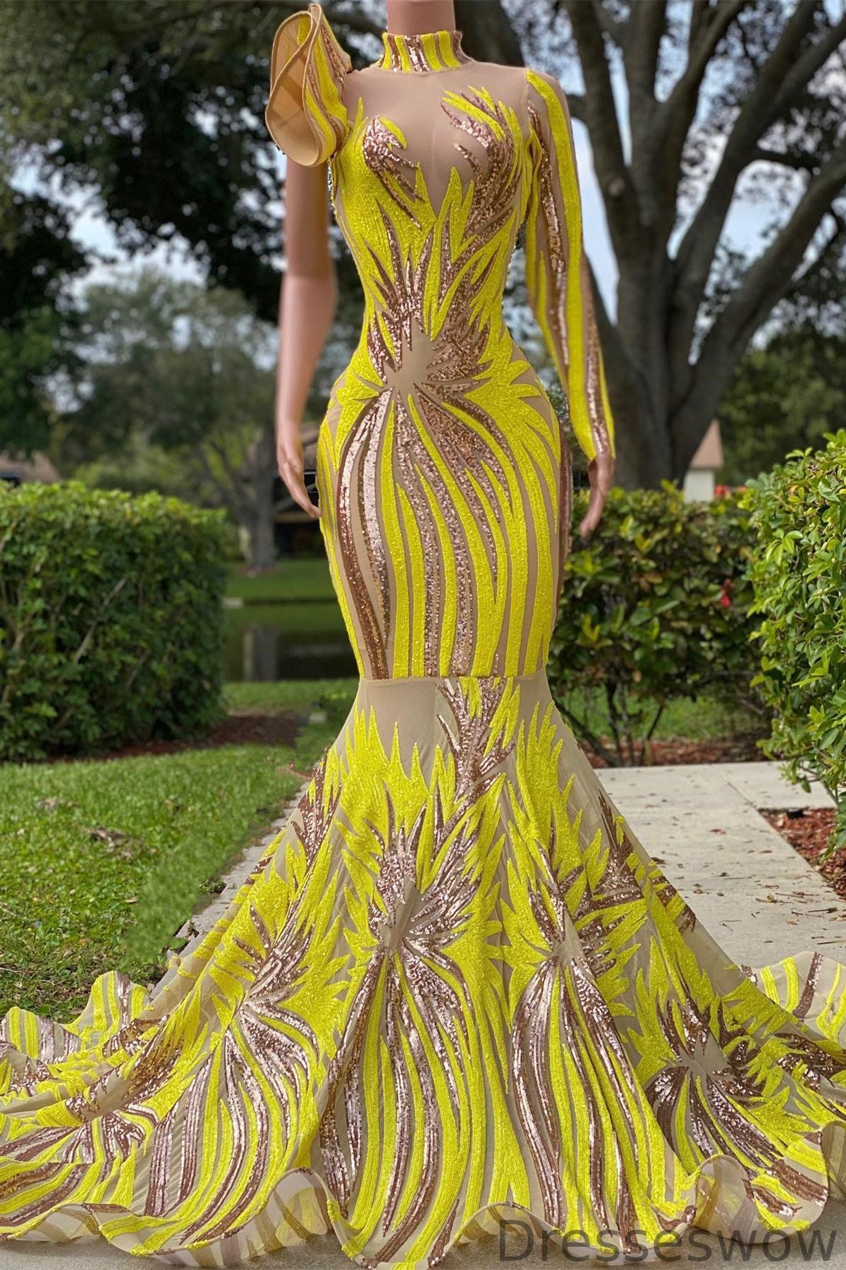 Dresseswow Yellow High Neck Mermaid Prom Dress Sequins One Shoulder Sleeve