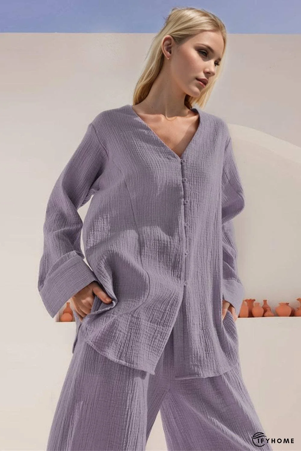 Basic Bae Buttery-Soft V-Neck Long Sleeve Top and Pants Set | IFYHOME