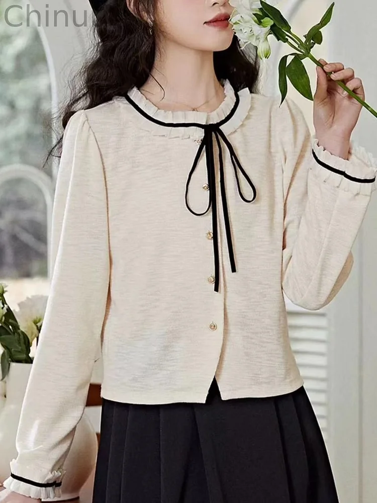 Crew Neck Tie Long Sleeve Shirt