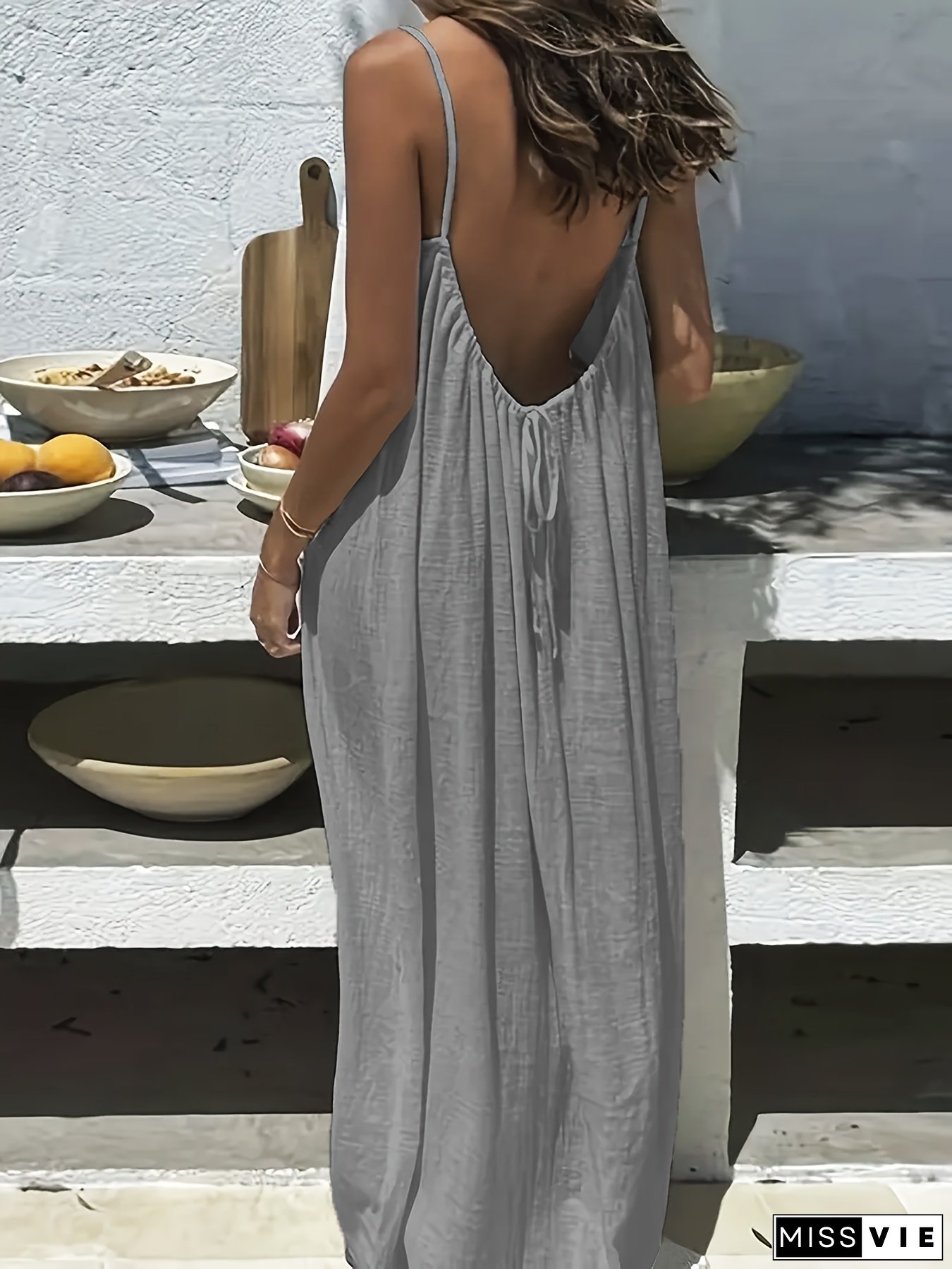 Women's Lightweight Halter Neck Maxi Dress - Sleeveless, Loose Fit, Backless Design With Tie Detail, Perfect For Spring/Summer Vacations, Casual Beachwear|Backless Dress| Texture