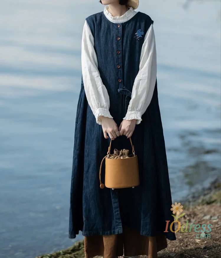 IO Dress Women's Vintage Dark Blue Denim Suspender Dress Japanese Mori Girl Lace-up Design Long Dress Loose Sleeveless Straight Sundress