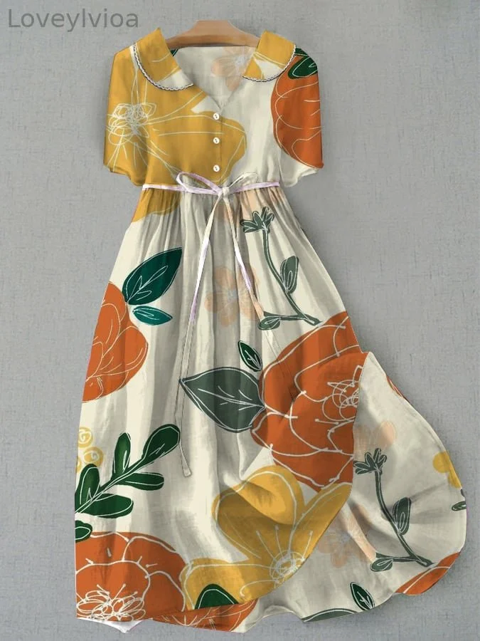 Women's Floral Design Printed Lace Up Dress