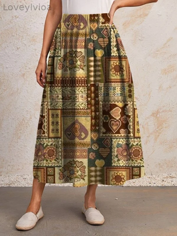 Women's Retro Heart Bohemian Ethnic Floral Pattern Art Print Skirt?