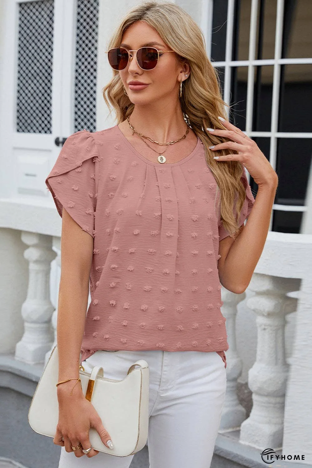 Swiss Dot Round Neck Petal Sleeve Blouse | IFYHOME