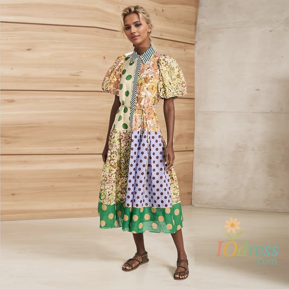 IO Dress Summer New Women Dress Single-Breasted Long Lantern Sleeve Graffiti Print Tie Waist Dress Beach Vacation Floral Print Boho Dress IO Dress