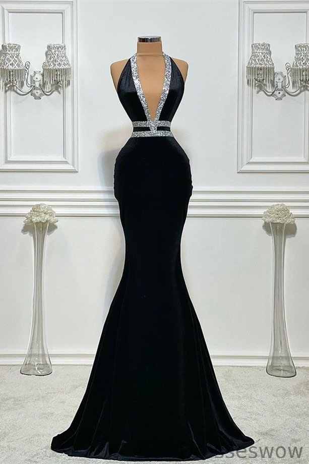 Dresseswow Black Halter Mermaid Prom Gown With Sequins Online Sleeveless