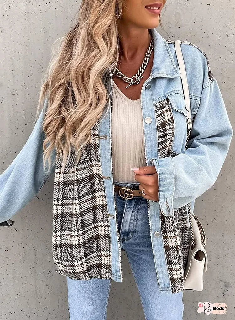 button down checked patchwork overshirt shacket