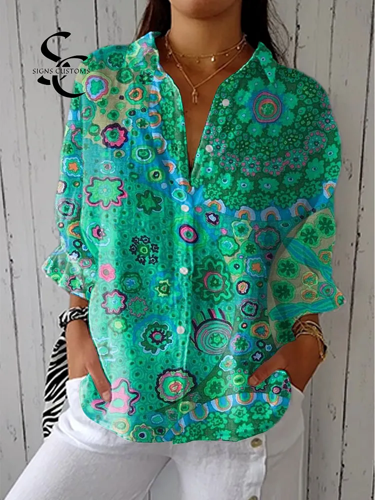 Women's Vintage Floral Art Print Casual Linen V-neck Shirt