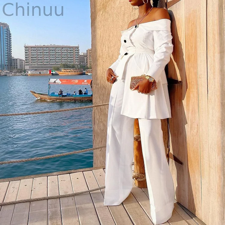 Solid Color One Shoulder  Asymmetry Two-piece Set