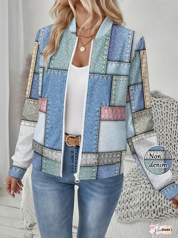 【imitation denim】Ladies' Faux Denim-Style Patchwork Printed Jacket - a Stylish Casual Coat with 3D Digital Printing, Made of Slightly Stretchy Polyester, Perfect for Spring And Autumn Dates, Daily Commutes, And As a Gift.