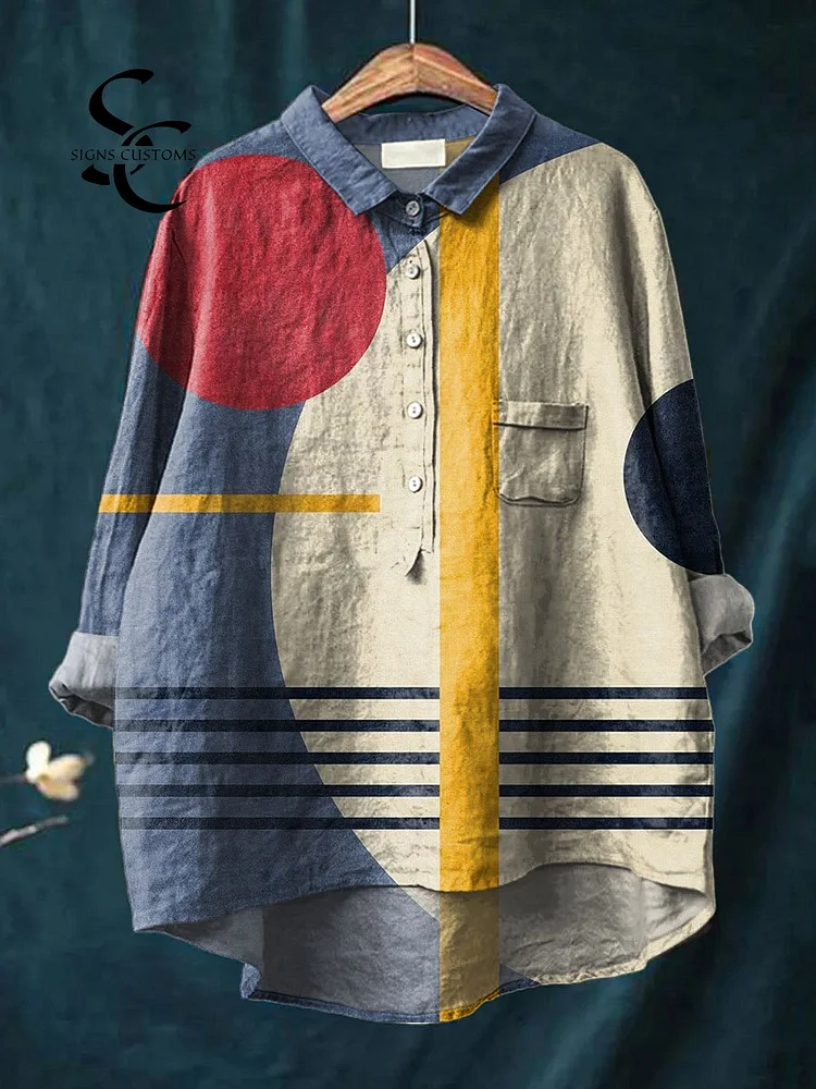 Women's Cotton Linen Shirt with Minimalist Abstract Geometry