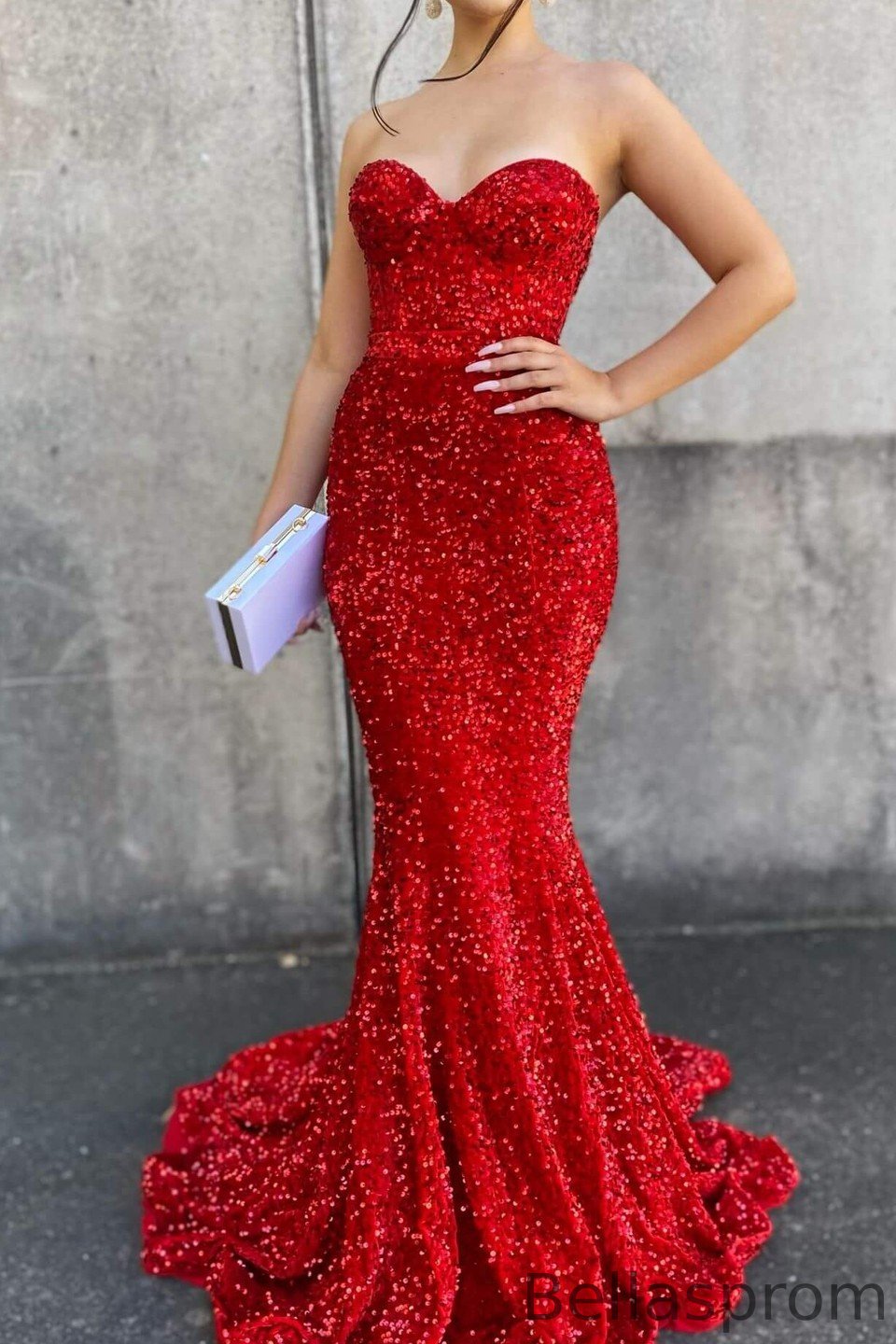 Bellasprom Red Sequins Prom Dress Mermaid Sleeveless Sweetheart Bellasprom
