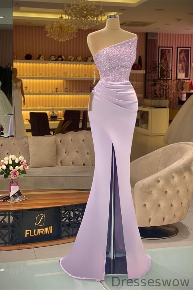 Dresseswow Strapless Lavender Sequins Mermaid Evening Dress Long With Slit