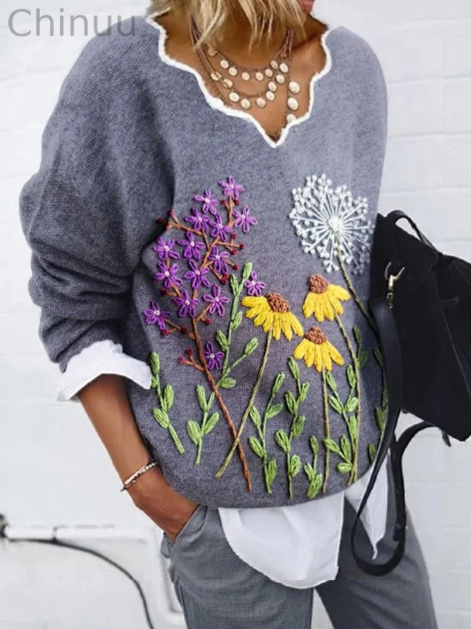 Women's Daisy Dandelion Print V-Neck Top